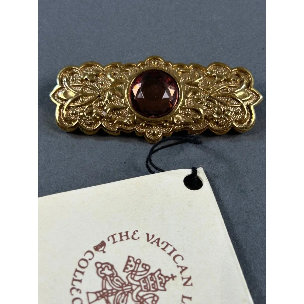 Vatican Library Collection Gold Plated Amethyst Glass Brooch Vintage Style Pin